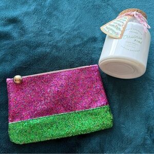 Pink and Green Christmas Ipsy Glitter Pouch